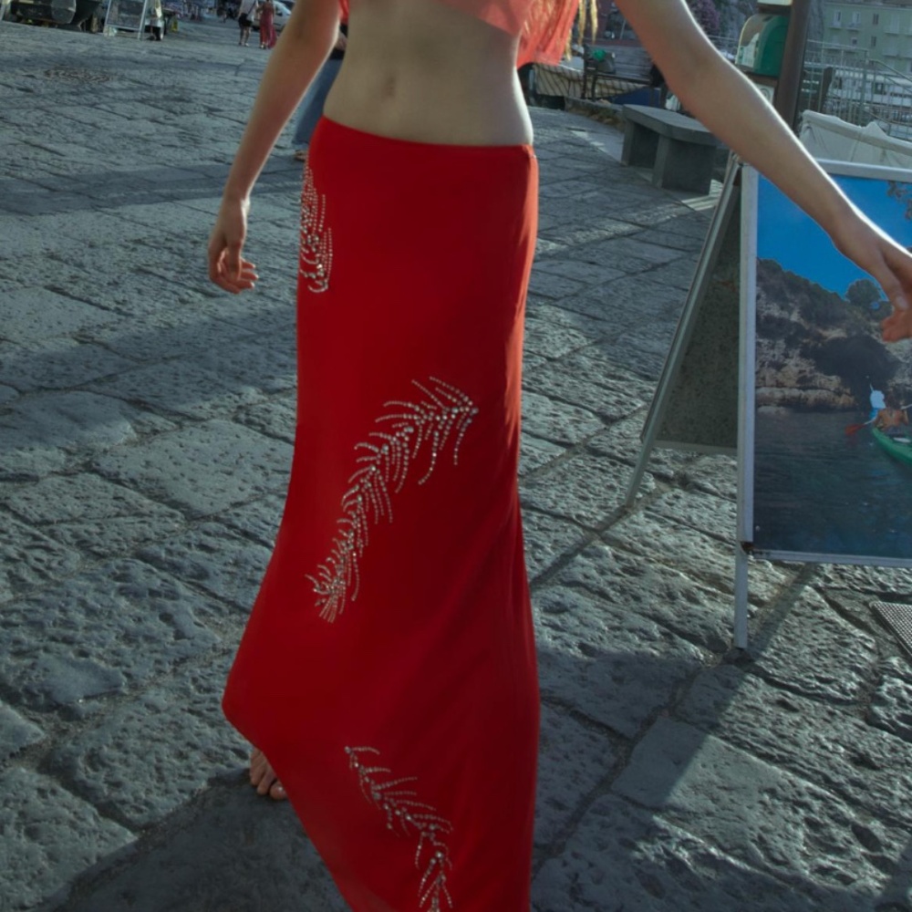 Zara boho red and crystals embellished draped long skirt NWT
